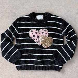 Btween Sweater Girls Size 5 Black White Striped Chenille Heart Sequin
